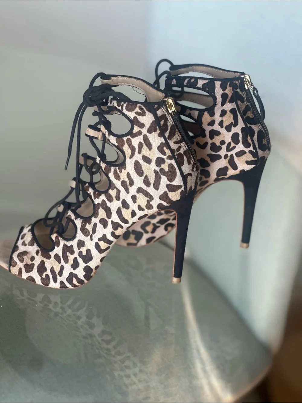 Zara calf hair leopard print Lace-Up Peep Toe Heels - Black & Beige sz 39 8US